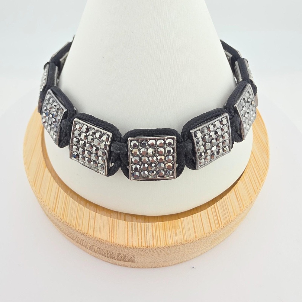 Vintage Marcramé Corded Bracelet Grey Pavé Hematite Black Braided Nylon Cord 8"